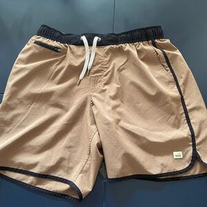 Vuori Tan Athletic Shorts with Drawstring and Side Stripe